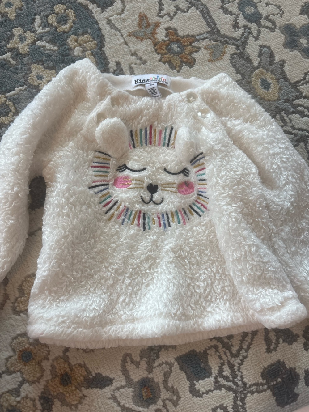 Kids Headquarters White Plush Sweater with Colorful Embroidered Lion Face
